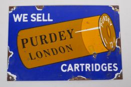 A vintage style (James) Purdey shotgun cartridge enamel sign, 30 x 20cm