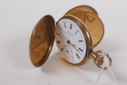 9ct gold cased full hunter gentleman's pocket watch, the enamel dial with Roman numerals and