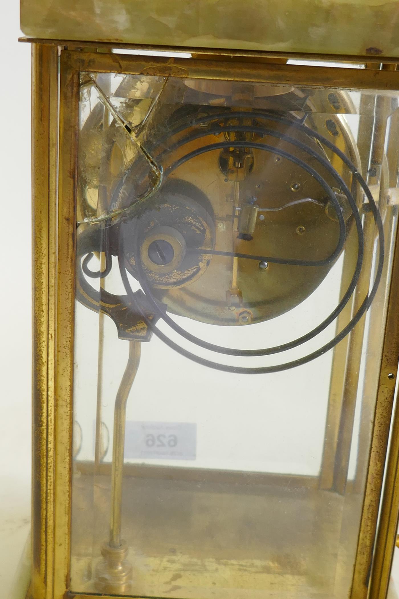 An American brass and onyx mantel clock, with brass and enamel dial and mercury pendulum, the - Image 4 of 6