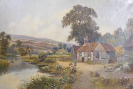 S. Cole, farmstead with water meadow and the Downs beyond, signed, oil on canvas, 74 x 49cm