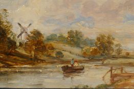 River landscape with boatmen, C19th Norwich School, oil on panel, 11 x 19cm