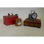 An antique carriage foot warmer with copper bottle, 29 x 24 x 9cm, a vintage torch, petrol can and