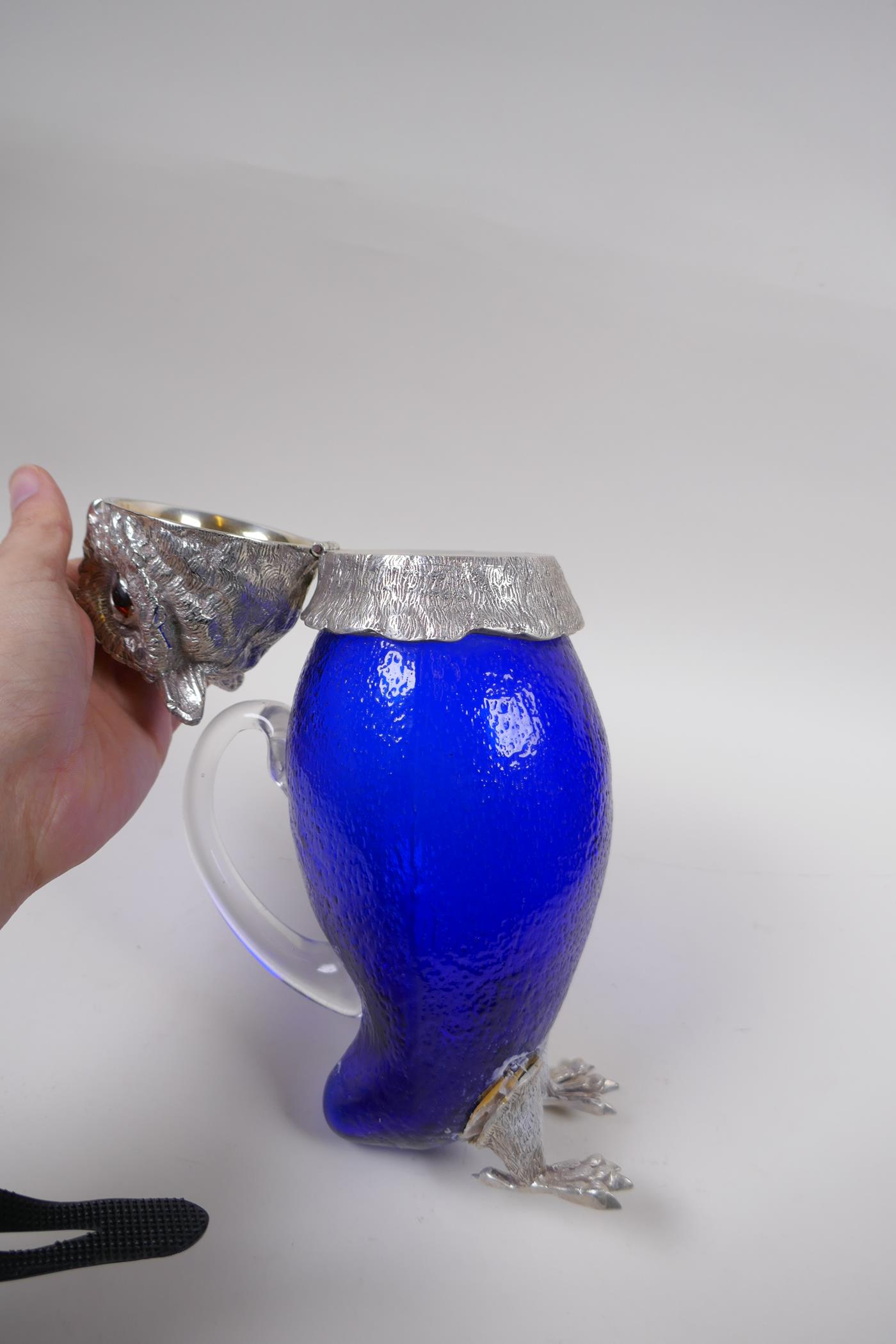 A silver plate and blue glass owl jug, 28cm high - Image 4 of 4