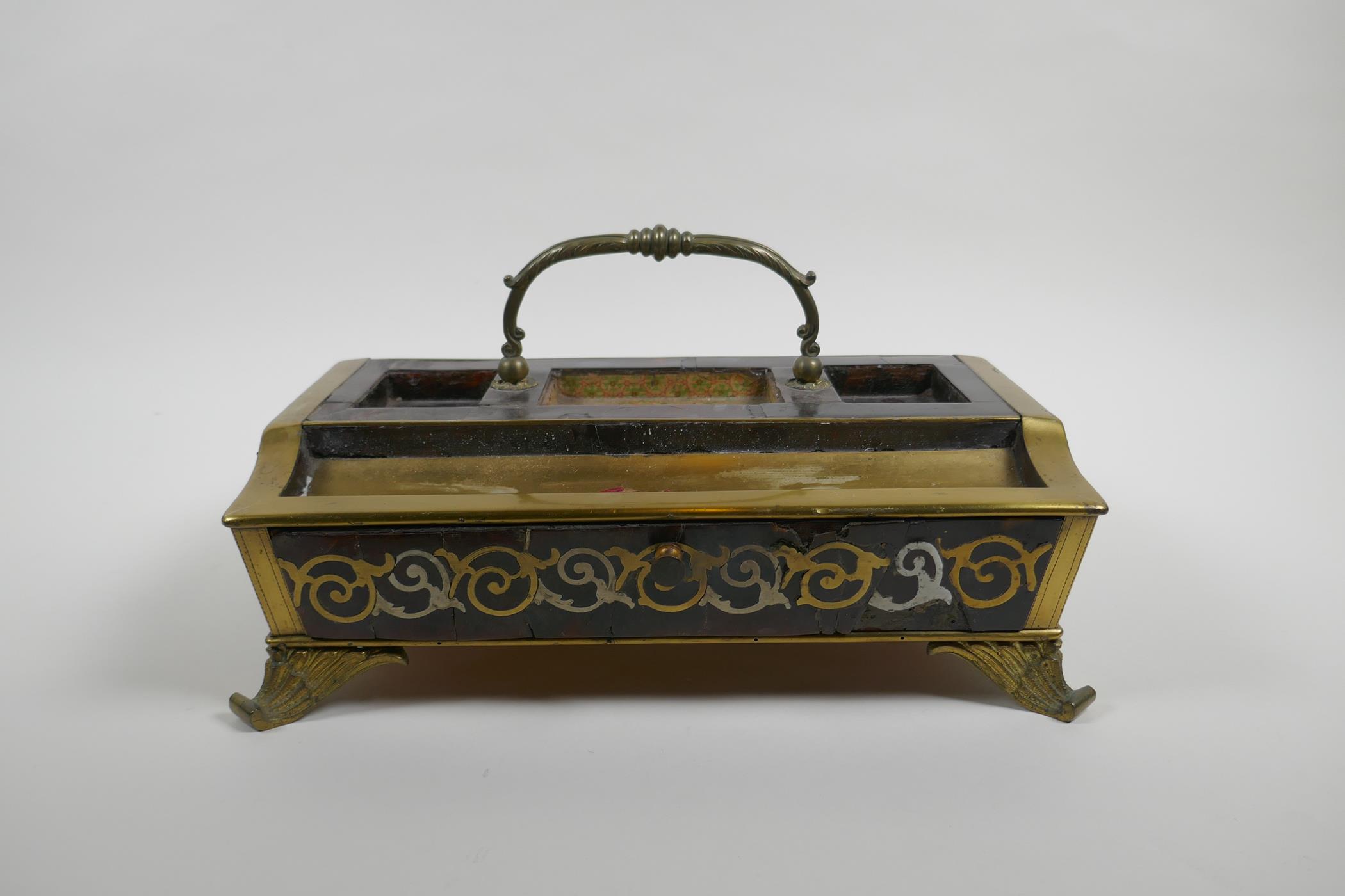 A C19th boule work desk tray with single drawer, AF, 30cm x 24cm