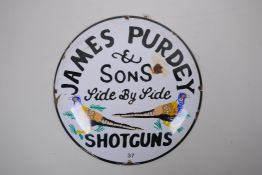 A vintage style 'James Purdey & Sons' enamel sign, 30cm diameter