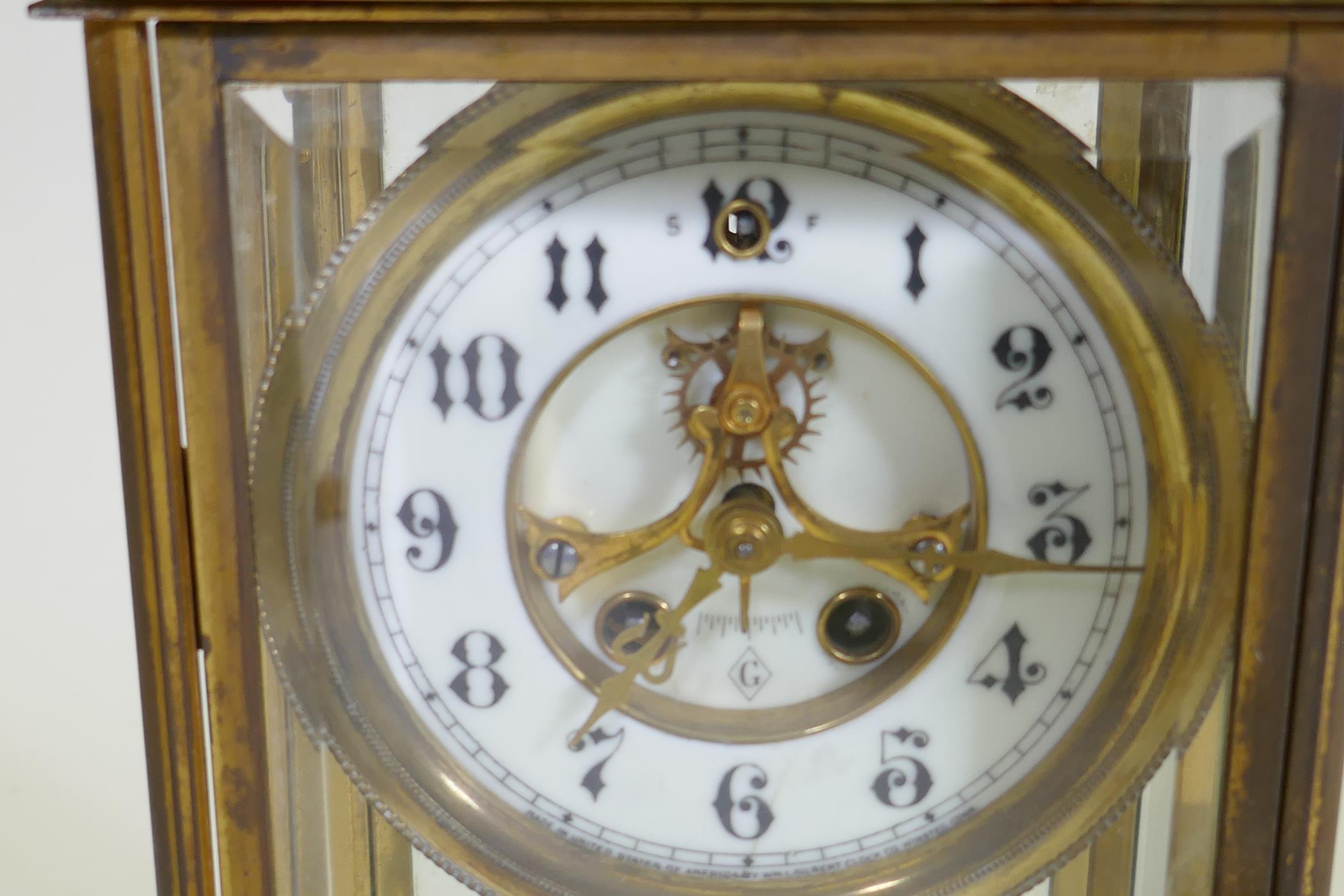 An American brass and onyx mantel clock, with brass and enamel dial and mercury pendulum, the - Image 2 of 6