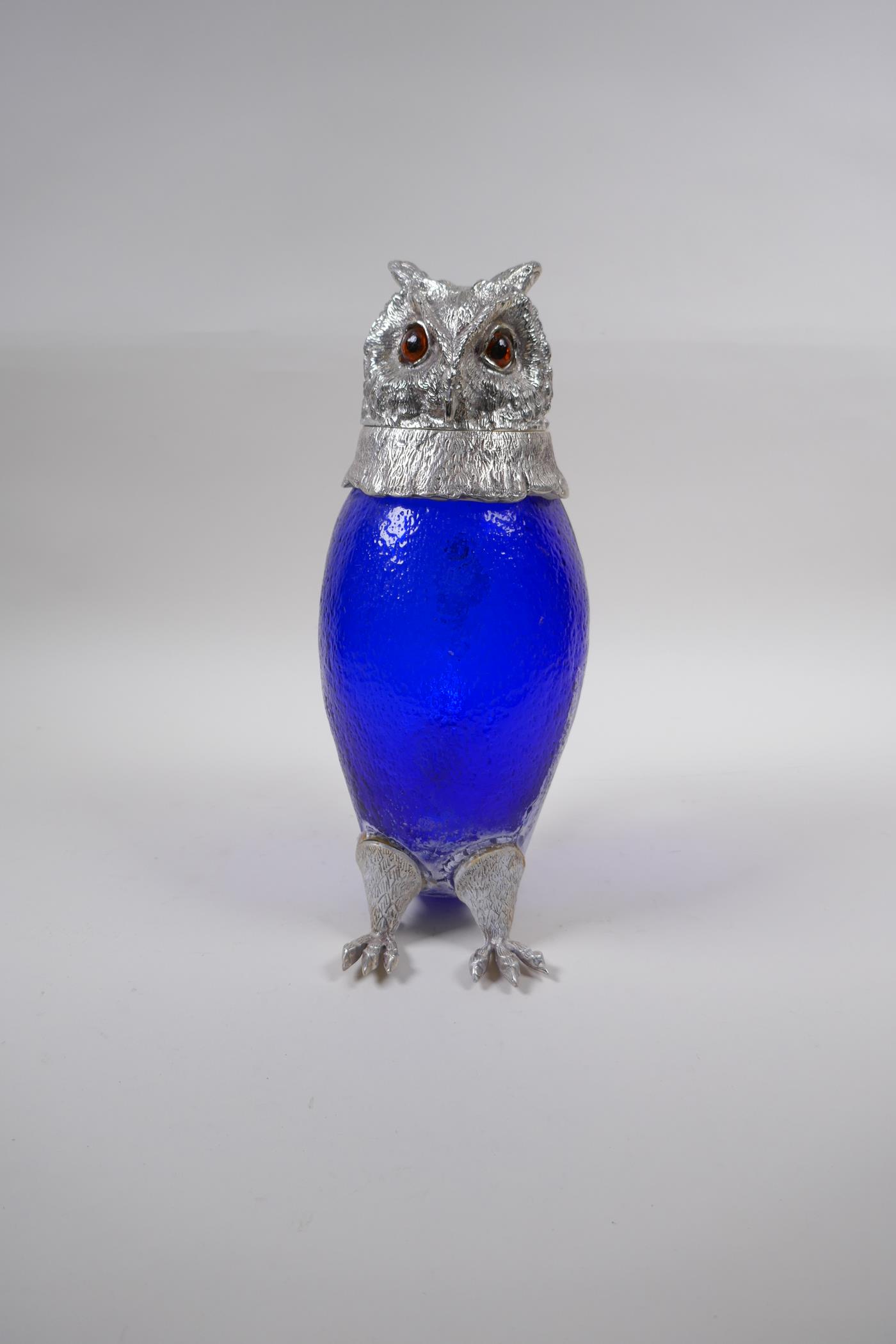 A silver plate and blue glass owl jug, 28cm high - Image 2 of 4
