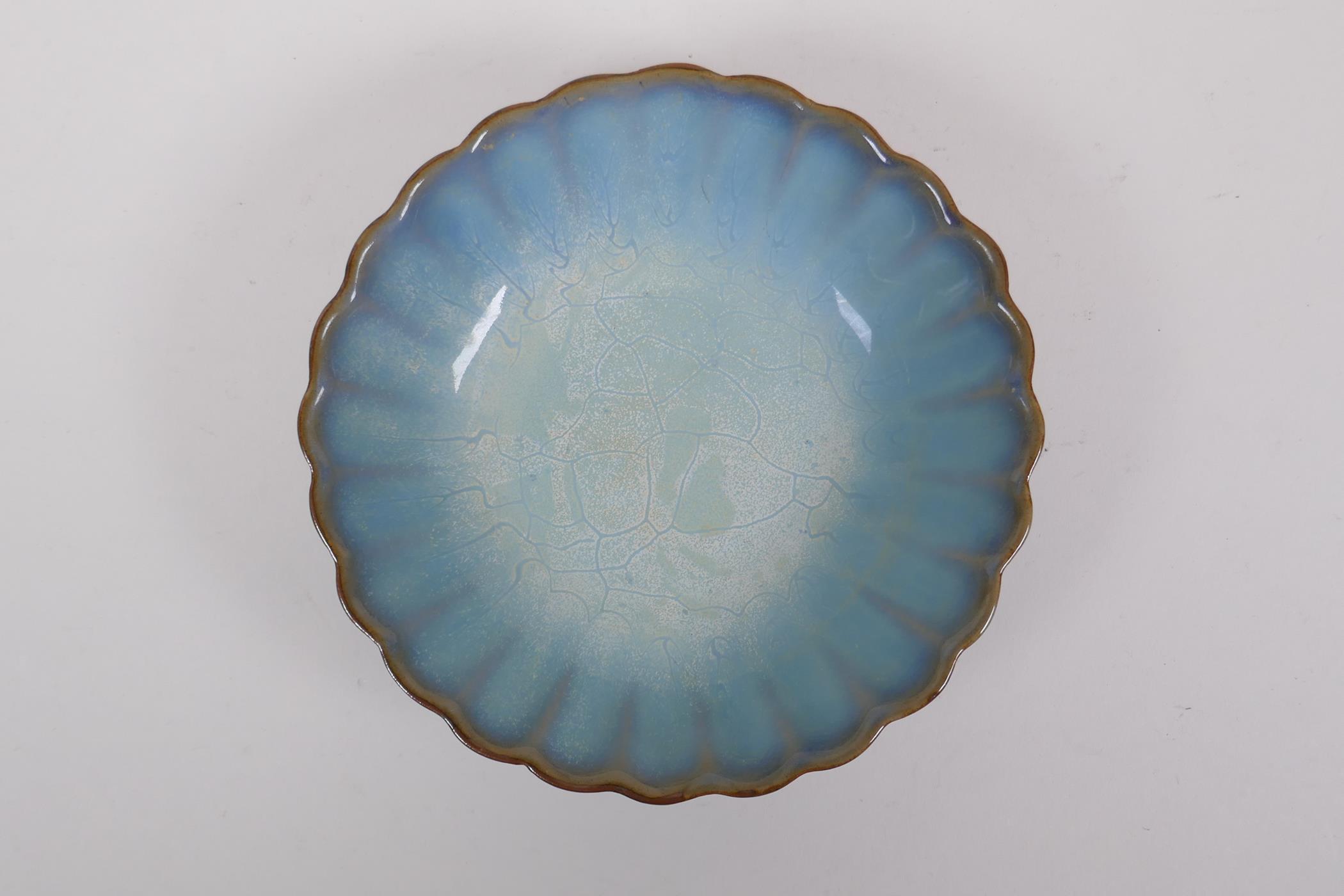 A Chinese Jun ware petal shaped bowl, mark to base, 17cm diameter - Image 2 of 5