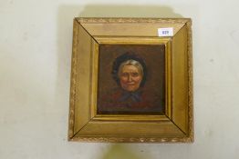 Portrait of a woman in black bonnet, oil on millboard, late C19th, unsigned, 17 x 19cm