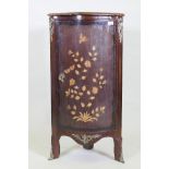A C19th French inlaid purple wood standing corner cupboard with brass mounts and rouge marble top,