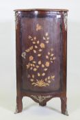 A C19th French inlaid purple wood standing corner cupboard with brass mounts and rouge marble top,