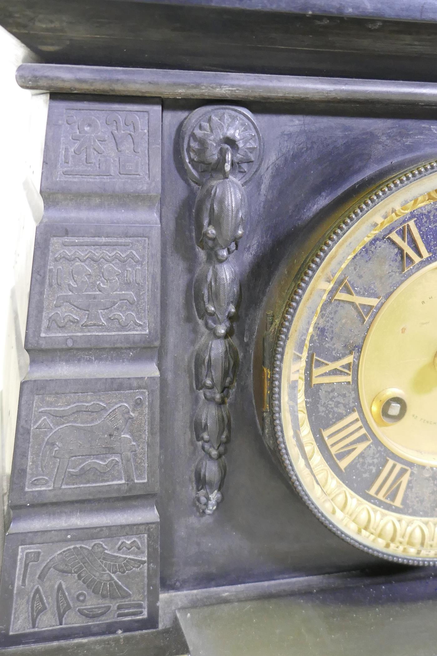 A C19th Egyptian Revival polished slate mantel clock, with patinated bronze mounts, the ormolu - Image 6 of 11