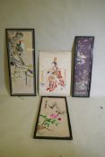 A Japanese print on silk of a female water carrier, 50 x 72cm, two Chinese embroideries and a