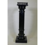 A Victorian ebonised pedestal with galleried top and fluted column, 29 x 29x 112cm