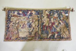 A contemporary machine tapestry, medieval harvest scene, 90 x 44cm, mounted on a hanging rail