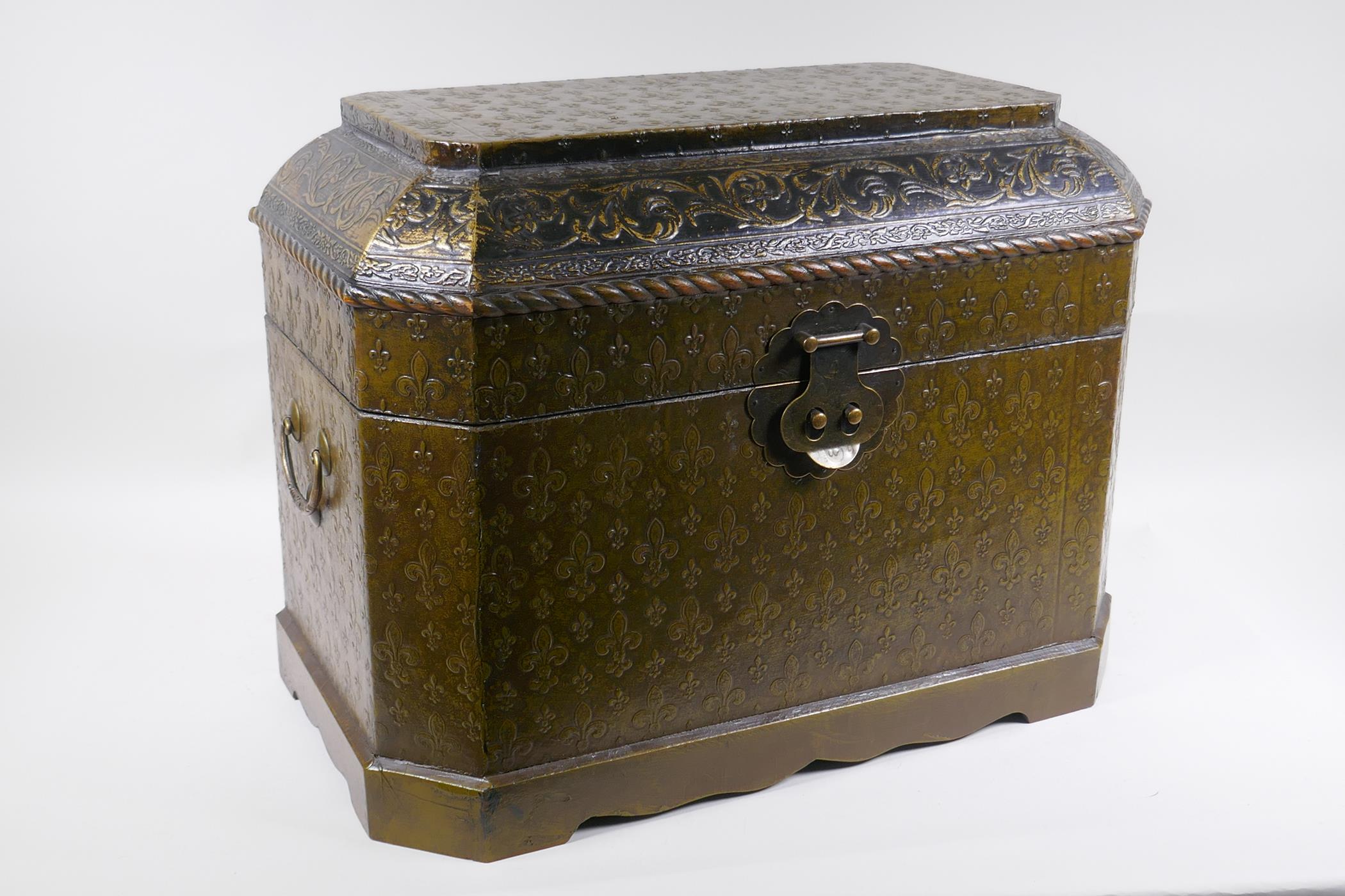 An Indo-Chinese lacquered casket with embossed fleur de lys decoration, 51 x 30cm, 38cm high - Image 2 of 3