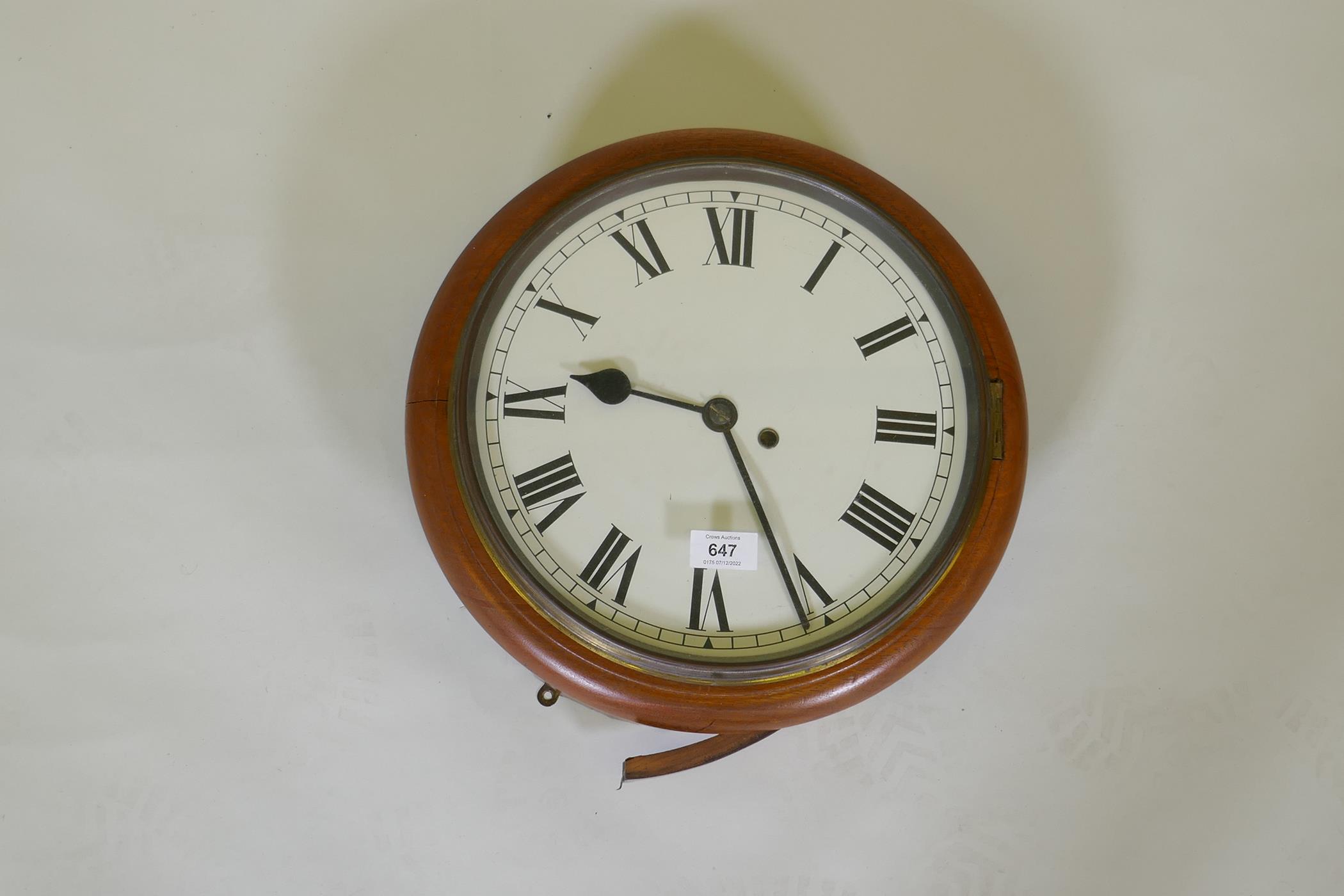 A mahogany cased wall clock, with spring driven movement and later enamel dial, 38cm diameter, - Image 3 of 3