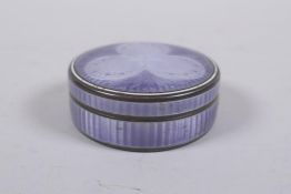 An antique silver gilt and guilloche enamel pill box, stamped 935, 5.5cm diameter