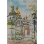 Tallinn, view of the fore gate towers, watercolour, unsigned, 6.5 x 9cm, another of an orthodox