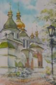 Tallinn, view of the fore gate towers, watercolour, unsigned, 6.5 x 9cm, another of an orthodox