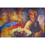 Adam Cope, abstract figure with a bowl of fruit, oil on canvas, 90 x 70cm, and another by the same