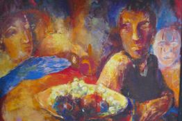 Adam Cope, abstract figure with a bowl of fruit, oil on canvas, 90 x 70cm, and another by the same