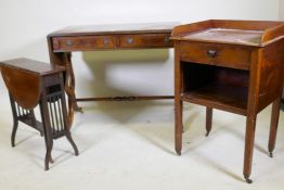 An inlaid mahogany Regency style sofa table with two drawers, raised on lyre shaped end supports,