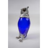 A silver plate and blue glass owl jug, 28cm high