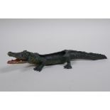 A cold painted bronze pin tray in the form of a crocodile, in the manner of Bergman, 22cm long