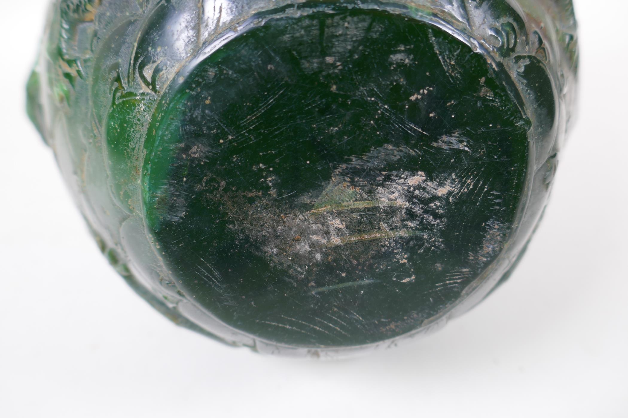 A Chinese reconstituted green hardstone jar with two lion mask handles and raised dragon decoration - Image 5 of 5