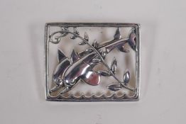 A Georg Jensen style sterling silver dolphin brooch, 3.5 x 2.5cm