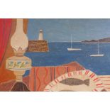 Modern British School, still life with fish and oil lamp by a coastal window, oil on canvas, 51 x