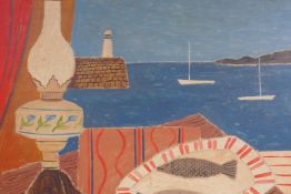 Modern British School, still life with fish and oil lamp by a coastal window, oil on canvas, 51 x