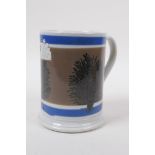 An early Victorian Mocha Ware 'Imperial Pint' tankard with coloured bands and tree designs, 13cm