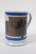 An early Victorian Mocha Ware 'Imperial Pint' tankard with coloured bands and tree designs, 13cm