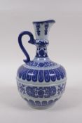 A blue and white porcelain ewer with stylised lotus flower decoration, Chinese YongZheng seal mark