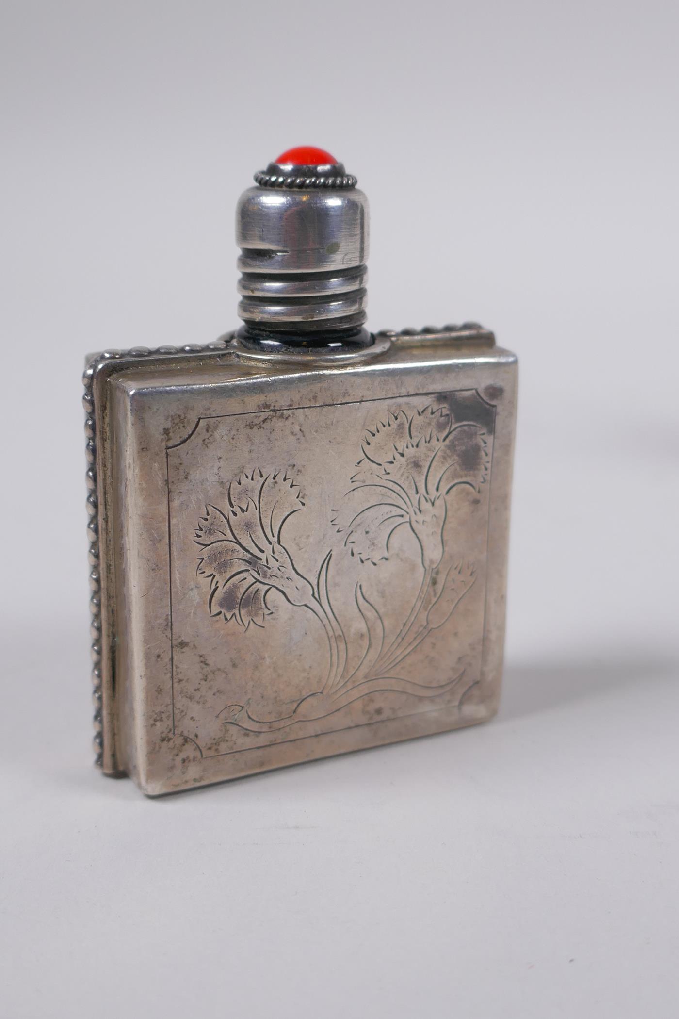 A Portuguese silver mounted glass scent bottle, and a white metal snuff bottle with filigree and - Image 4 of 6