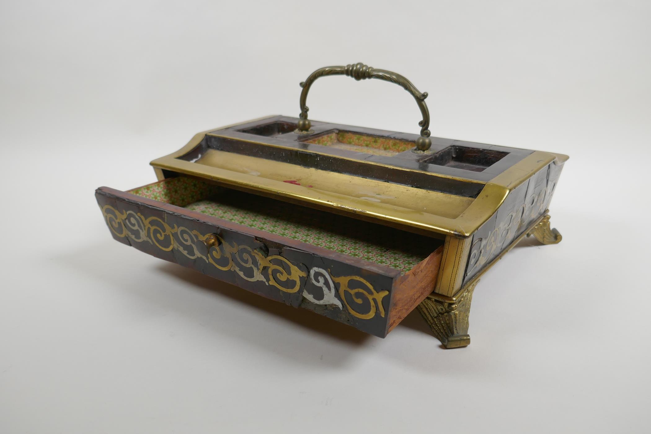 A C19th boule work desk tray with single drawer, AF, 30cm x 24cm - Image 4 of 6
