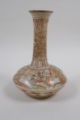 A Japanese Meiji period satsuma spill vase with decorative panels depicting figures in a temple