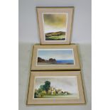 Margaret Norton, three landscapes, Devon Coast, Moorland Bog and Ruins, oils on canvas, 50 x 25cm