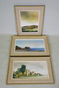 Margaret Norton, three landscapes, Devon Coast, Moorland Bog and Ruins, oils on canvas, 50 x 25cm