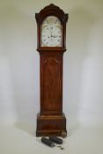 Early C19th mahogany long case clock, the painted arched dial with painted and parcel gilt