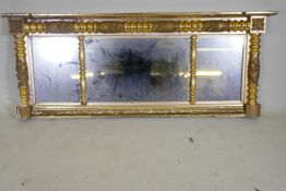 A Regency water gilt triple overmantel mirror, with raised composition decoration and original