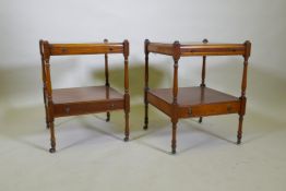 A pair of yew wood etageres with inlaid and crossbanded tops, brushing slide and single drawer,