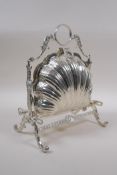 A silver plate muffin dish in the form of a clam shell, 27cm high