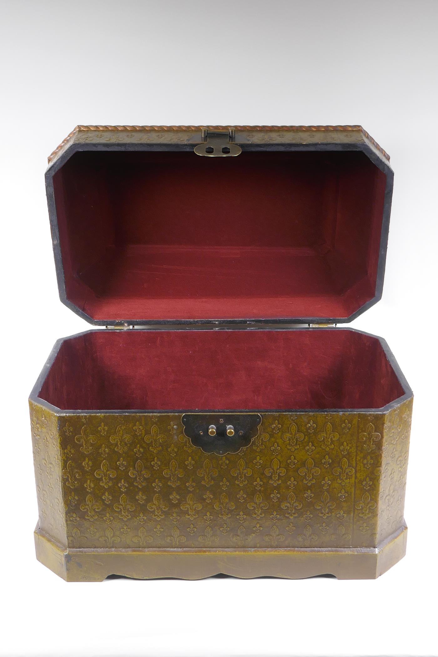 An Indo-Chinese lacquered casket with embossed fleur de lys decoration, 51 x 30cm, 38cm high - Image 3 of 3