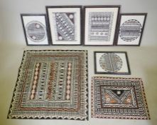Seven Fijian tribal tapas, five framed and two loose, largest 90 x 90cm