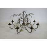 A brushed metal eight branch chandelier, with olive branch decoration, 90cm diameter