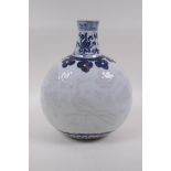 A blue and white porcelain moon flask with raised phoenix decoration, Chinese Xuande 6 character