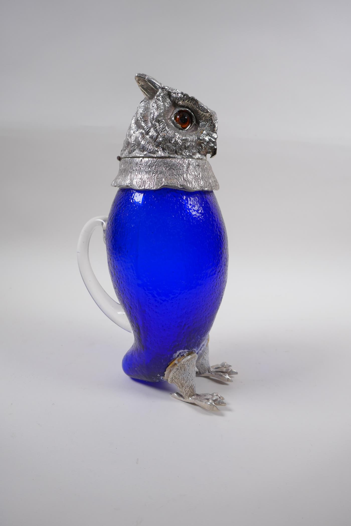 A silver plate and blue glass owl jug, 28cm high - Image 3 of 4